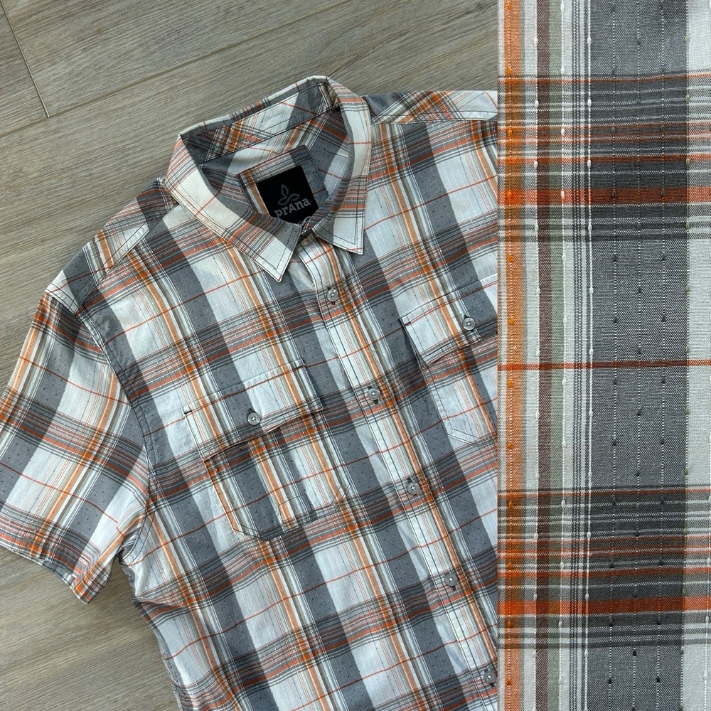 PrAna Shirt Mens L‎ Gray Orange Plaid Short Sleeve Button Front Casual Outdoor